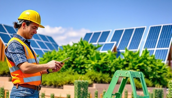 An image featuring a professional inspector using eco-friendly tools and equipment to assess a property's energy efficiency, with solar panels and green landscaping in the background, emphasizing sustainability and environmental awareness.