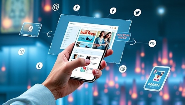 An engaging visual of a user holding a smartphone and interacting with an AR overlay of a website, with product images, navigation buttons, and interactive elements floating in the physical environment, illustrating the futuristic and interactive nature of AR Navigate Web's website navigation.