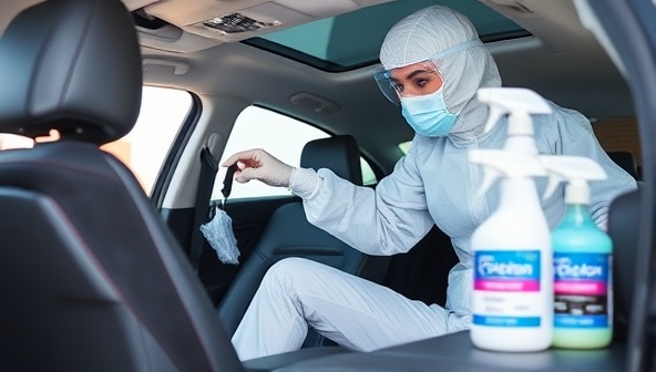 A professional in full protective gear sanitizing a car interior, emphasizing the meticulous and thorough cleaning process of PureClean Auto, with disinfection products prominently displayed in the background.