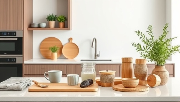 An elegant kitchen setting with a beautifully arranged display of bamboo kitchenware, showcasing the products' sleek design and eco-friendly appeal in a modern home environment.