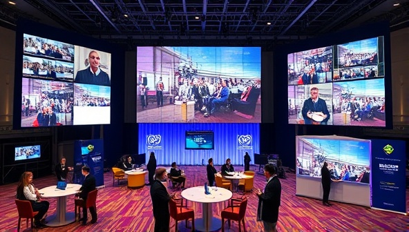 An immersive virtual event setup with multiple screens displaying interactive sessions, networking lounges, and sponsor booths, demonstrating the innovative approach to virtual event planning and management.