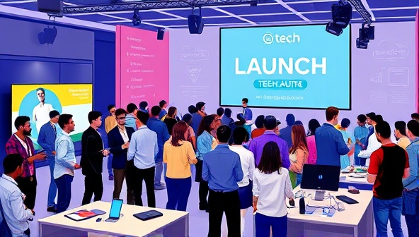 An illustration of a tech-themed launch event with entrepreneurs networking, investors pitching, and tech gadgets on display, representing the dynamic and innovative tech startup ecosystem.