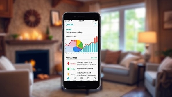 A smartphone screen displaying the EcoAudit Pro app interface with colorful graphs and recommendations for energy optimization, set against a backdrop of a cozy, energy-efficient home environment, showcasing the app's user-friendly design and practical features.