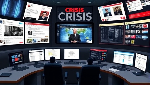 A crisis control center visualization with digital screens displaying social media feeds, news updates, and crisis response plans, illustrating a proactive and strategic approach to online crisis management and reputation protection.
