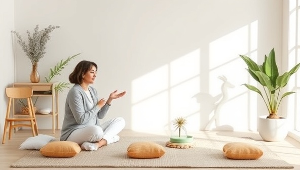 A serene virtual workshop setting with a calming backdrop, featuring a mental health expert leading a session on stress management and mindfulness practices, surrounded by soothing decor and wellness props, creating a tranquil and engaging atmosphere.