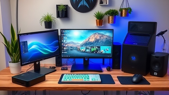 An eco-friendly gaming setup featuring sustainable gaming accessories made from recycled materials, biodegradable components, and energy-efficient designs, showcasing a green gaming environment with a focus on environmental sustainability and conscious consumption, embodying the essence of EcoGamer Essentials.