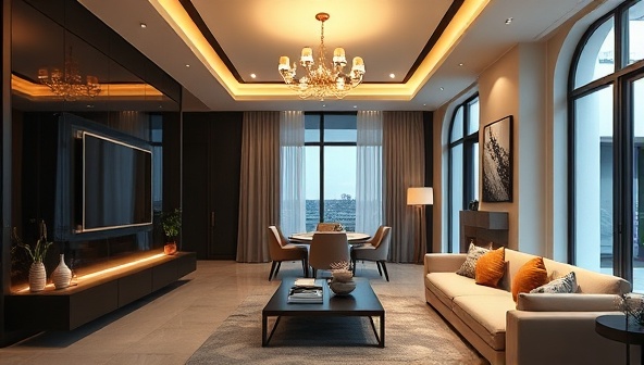 An elegantly designed rental property interior showcasing smart home features like voice-activated assistants, automated lighting systems, and digital security controls, creating a modern and luxurious living space that reflects the essence of SmartSpace Rentals' tech-focused upgrades in a visually captivating manner.