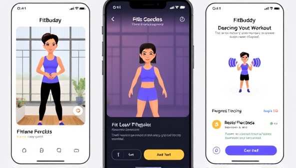 An engaging app interface showcasing the AI FitBuddy avatar guiding a user through a workout session, with interactive features, progress tracking, and motivational prompts that enhance the virtual coaching experience.