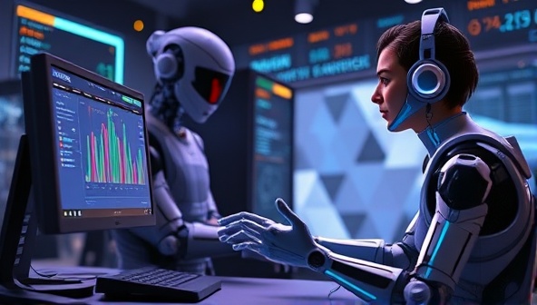 An AI-powered assistant character interacting with a gamer in a virtual environment, analyzing gameplay data and providing strategic advice, showcasing the service's futuristic technology and personalized support.