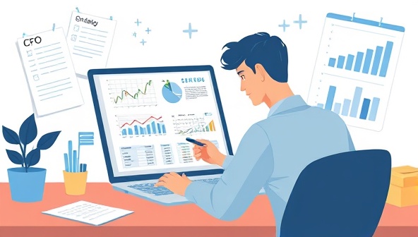 An illustrative image of a virtual CFO analyzing financial reports on a laptop screen, surrounded by strategic planning notes and graphs, symbolizing the professional financial guidance and expertise offered by CFO On-Demand to businesses looking to optimize their financial performance.