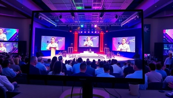 A captivating virtual event setup displayed on a computer screen, featuring a virtual stage, interactive elements, and a diverse audience participating in a virtual event, showcasing the dynamic and engaging nature of virtual event experiences.