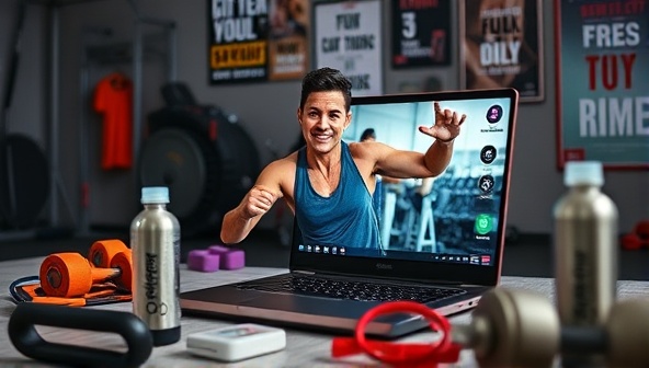 An energetic fitness coach leading a virtual workout session on a laptop screen, surrounded by workout equipment, water bottles, and motivational posters, exuding a sense of energy and motivation.
