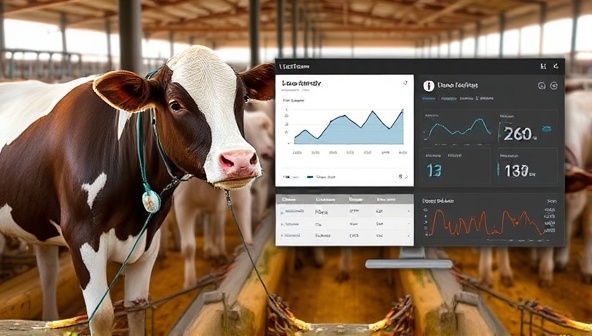An illustration of Livestream Insights sensors attached to livestock in a barn setting, with data analytics displayed on a digital dashboard, highlighting the real-time monitoring capabilities and insights provided by the technology for optimal livestock management.