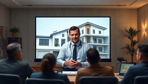 An online workshop setup featuring a real estate expert leading a session on investment strategies, with interactive tools for virtual networking, Q&A sessions, and resource sharing, creating an immersive and educational experience for participants in real estate investing.