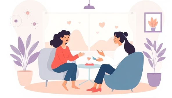 An emotive illustration of a therapy session taking place on the MindCare Connect platform, showing a therapist and client engaged in a virtual counseling session, with a supportive and calming environment, highlighting the platform's focus on mental wellness and emotional support.