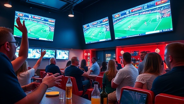 An energetic sports lounge scene with customers cheering and watching a live game on multiple screens, interacting with digital interfaces to place bets, and enjoying drinks in a vibrant and social atmosphere, capturing the essence of the SportsBet Interactive Lounge.