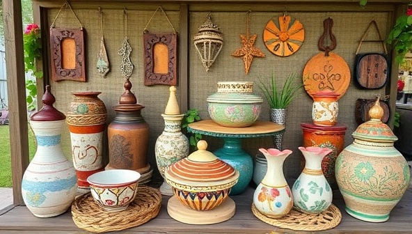 A collection of beautifully crafted artisan products made from recycled materials, displayed in an eco-friendly setting that highlights the creativity and eco-conscious approach of EcoCraft Creations in artisanal product design.