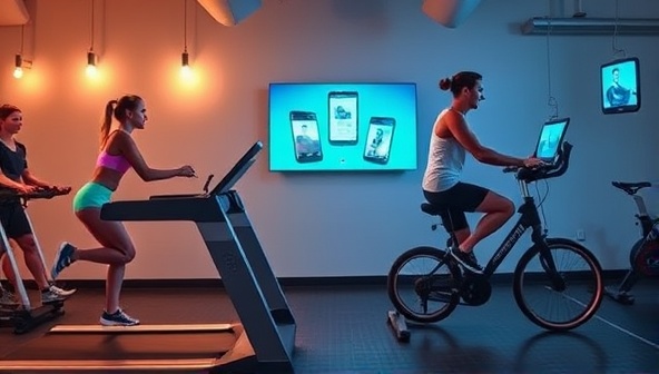 An engaging visual representation of FitPower Energy gym equipment in use, with individuals exercising on treadmills and stationary bikes, powering up digital displays and lighting fixtures through kinetic energy, illustrating the synergy between fitness activities and sustainable power generation.