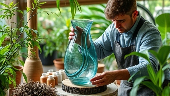 An artisan crafting a beautiful recycled glass vase, surrounded by lush greenery and sustainable materials, showcasing the harmony between nature-inspired design and eco-friendly production methods.