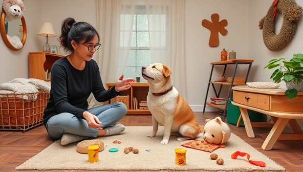 A cozy virtual pet training setup with a trainer demonstrating positive reinforcement techniques with a furry companion, surrounded by pet treats, toys, and training props, creating a warm and engaging atmosphere for effective pet coaching.