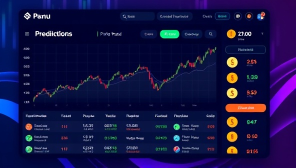 An engaging digital interface displaying real-time cryptocurrency price charts, prediction leaderboards, and virtual rewards, creating a gamified experience for participants to make accurate forecasts and compete for prizes.