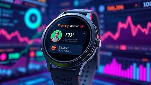 An artistic representation of a futuristic AI-powered fitness tracker displaying personalized workout suggestions on a sleek, high-tech interface, surrounded by vibrant data visualizations, showcasing the cutting-edge technology and data-driven approach of the subscription service.