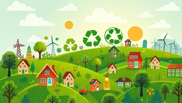 A vibrant digital illustration showcasing a lush green landscape with eco-friendly symbols and elements intertwined, such as recycling icons, renewable energy sources, and sustainable lifestyle products, creating a harmonious and eco-conscious visual representation of EcoVibe Mag's mission and content focus.