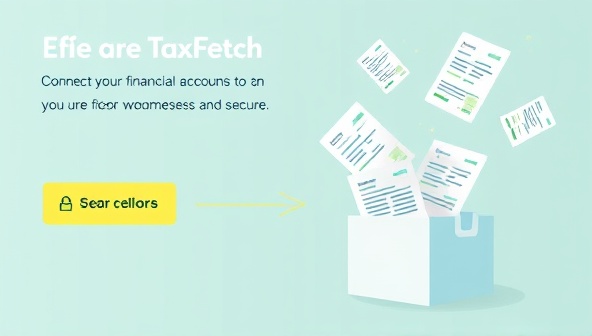 A dynamic visual of TaxFetch in action, showing a user connecting their financial accounts to the platform with a seamless and secure process, accompanied by digital representations of tax forms flying into a virtual tax folder, symbolizing convenience and efficiency in tax document retrieval.