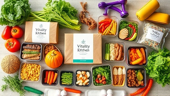 A vibrant and diverse array of freshly prepared meals from Vitality Kitchen, neatly packaged in eco-friendly containers, surrounded by colorful vegetables, herbs, and fitness equipment, promoting a healthy and balanced lifestyle through convenient meal solutions.