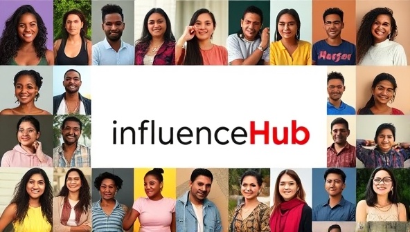 A vibrant collage of diverse micro-influencers engaging in branded content creation, showcasing their unique styles and personalities, symbolizing the inclusive and empowering environment fostered by InfluenceHub for emerging influencers.