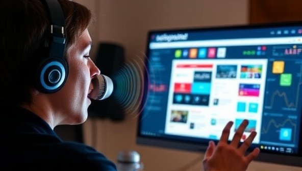 An individual using voice commands to design a website on a digital screen, with colorful design elements and voice waves emanating from the person's mouth, illustrating the innovative and interactive nature of SonicSite Creator.