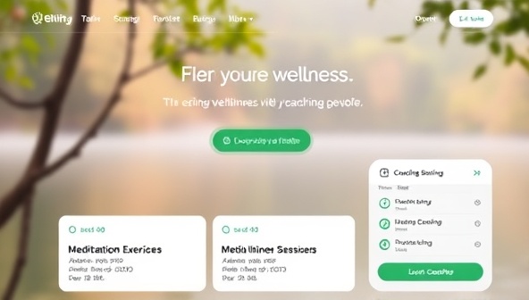 An online wellness platform interface featuring a serene nature background with calming colors, meditation exercises, inspirational quotes, and a schedule of upcoming coaching sessions, promoting a peaceful and balanced lifestyle.