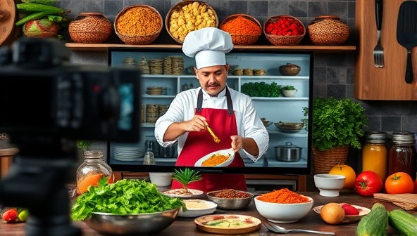 An online cooking class setup with a professional chef demonstrating a recipe on camera, surrounded by colorful spices, fresh ingredients, and cooking utensils, capturing the essence of global cuisine and culinary exploration.