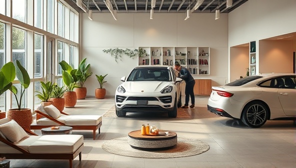 An automotive wellness center setting with serene relaxation areas, aromatherapy stations, and a team of detailers providing premium car care services, creating a tranquil and rejuvenating atmosphere for both cars and their owners.