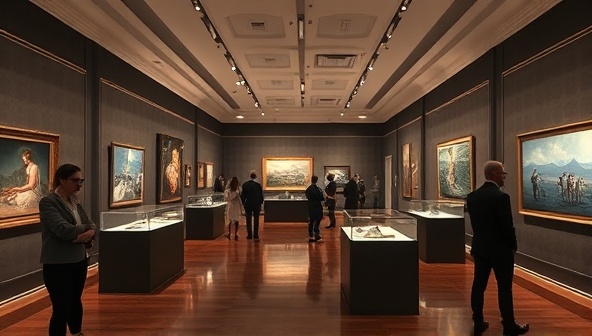 An artistic rendition of a virtual art gallery with digital artwork displays, interactive features for viewing and bidding on artworks, virtual attendees exploring the gallery space, and a sophisticated atmosphere that captures the essence of an exclusive art auction house in a digital format.