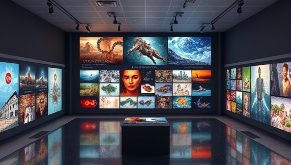 An artistic representation of a virtual gallery showcasing a variety of digital artworks displayed on digital screens, with interactive features for browsing and selecting artworks, illustrating the vibrant and diverse collection available on the artistry vault platform.