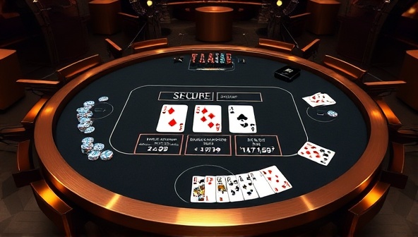 An innovative poker table interface displayed on a blockchain network, showcasing digital poker chips, cards, and secure transaction details, symbolizing the fusion of blockchain technology and online poker gameplay.