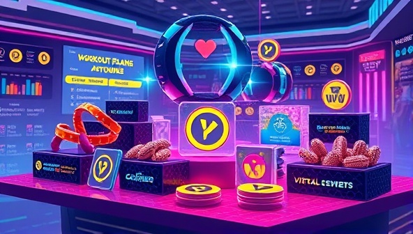 An artistic digital illustration showcasing a collection of fitness-themed NFTs on a virtual marketplace, featuring workout plans, coaching sessions, and virtual events represented as unique digital tokens, surrounded by vibrant colors and futuristic design elements, symbolizing the intersection of fitness and blockchain technology in a visually captivating way.