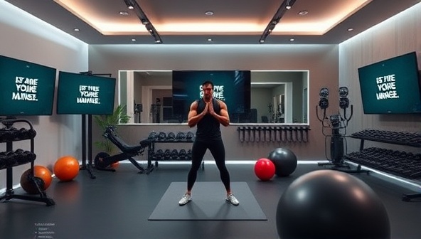 A virtual fitness studio setup with a digital trainer leading an energetic workout session, fitness equipment in the background, and motivational quotes displayed on screens, representing the essence of personalized digital fitness coaching services.