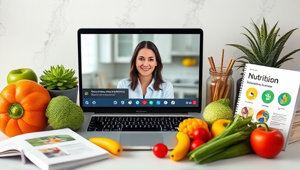 A virtual nutrition coaching session setup with a registered dietitian providing dietary advice and meal planning tips to a client via video call, surrounded by colorful fruits, vegetables, and a nutritional guidebook, creating a welcoming and informative atmosphere for NutriCare Connect's services.