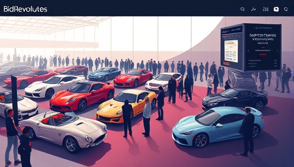 An elegant digital illustration of a prestigious car auction event on BidRevolve Autos, featuring high-end vehicles lined up for bidding, a diverse group of collectors and enthusiasts engaging in the auction process, and a digital interface displaying real-time bid updates and auction details, symbolizing exclusivity and luxury in automotive sales.
