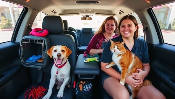 An interior view of a pet-friendly vehicle with comfortable pet carriers, pet seat belts, and pet toys, with a happy dog and cat enjoying the ride alongside their owners, creating a safe and joyful pet transportation experience with PawsPals Pet Rides.