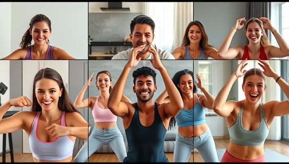 A diverse group of individuals participating in a virtual fitness challenge through video conferencing, showcasing their enthusiasm and engagement in the workout session.