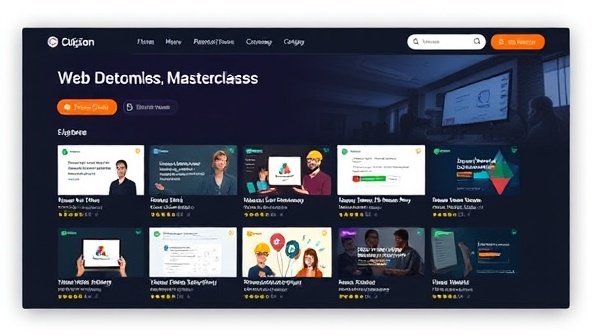 An online platform interface showcasing a library of web design tutorials and masterclasses, with engaging thumbnails, progress trackers, and user ratings, creating a visual representation of the subscription-based design tutorial platform.