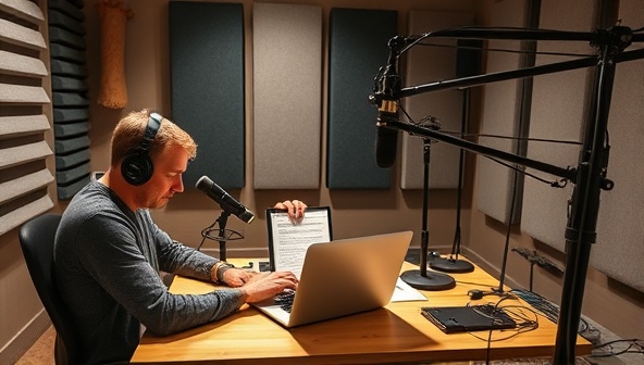 An image of a podcast studio setup with a scriptwriter crafting a script on a laptop, surrounded by soundproofing panels, microphones, and recording equipment, capturing the essence of professional podcast scriptwriting and audio storytelling in a creative environment.