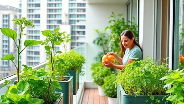 A vibrant image of a modern urban apartment balcony filled with lush green plants growing in the smart self-watering planters, with a person happily harvesting fresh vegetables, showcasing the convenience and beauty of urban farming.