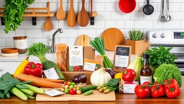 A vibrant kitchen scene with a colorful array of fresh ingredients, recipe cards, and cooking utensils neatly arranged in a Chef-In-A-Box kit, ready for a cooking adventure, inviting customers to embark on a gourmet culinary journey.