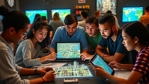 A diverse group of players immersed in CityCrafters, designing and managing virtual cities on their screens, discussing strategies and city layouts, with excitement and concentration visible on their faces, showcasing the immersive and educational gameplay experience offered by the simulation game.
