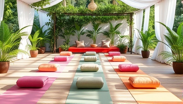 A serene image of a wellness event setting with yoga mats, meditation cushions, and greenery, creating a peaceful and inviting atmosphere for participants to relax and focus on their well-being.