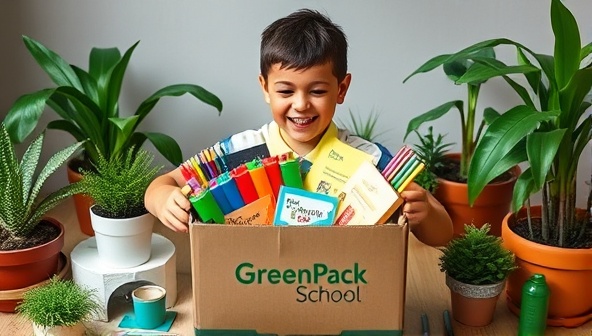 An image of a student happily unpacking their GreenPak School subscription box filled with colorful and sustainable school supplies, surrounded by potted plants and recycled materials, illustrating the eco-friendly and educational nature of the service.